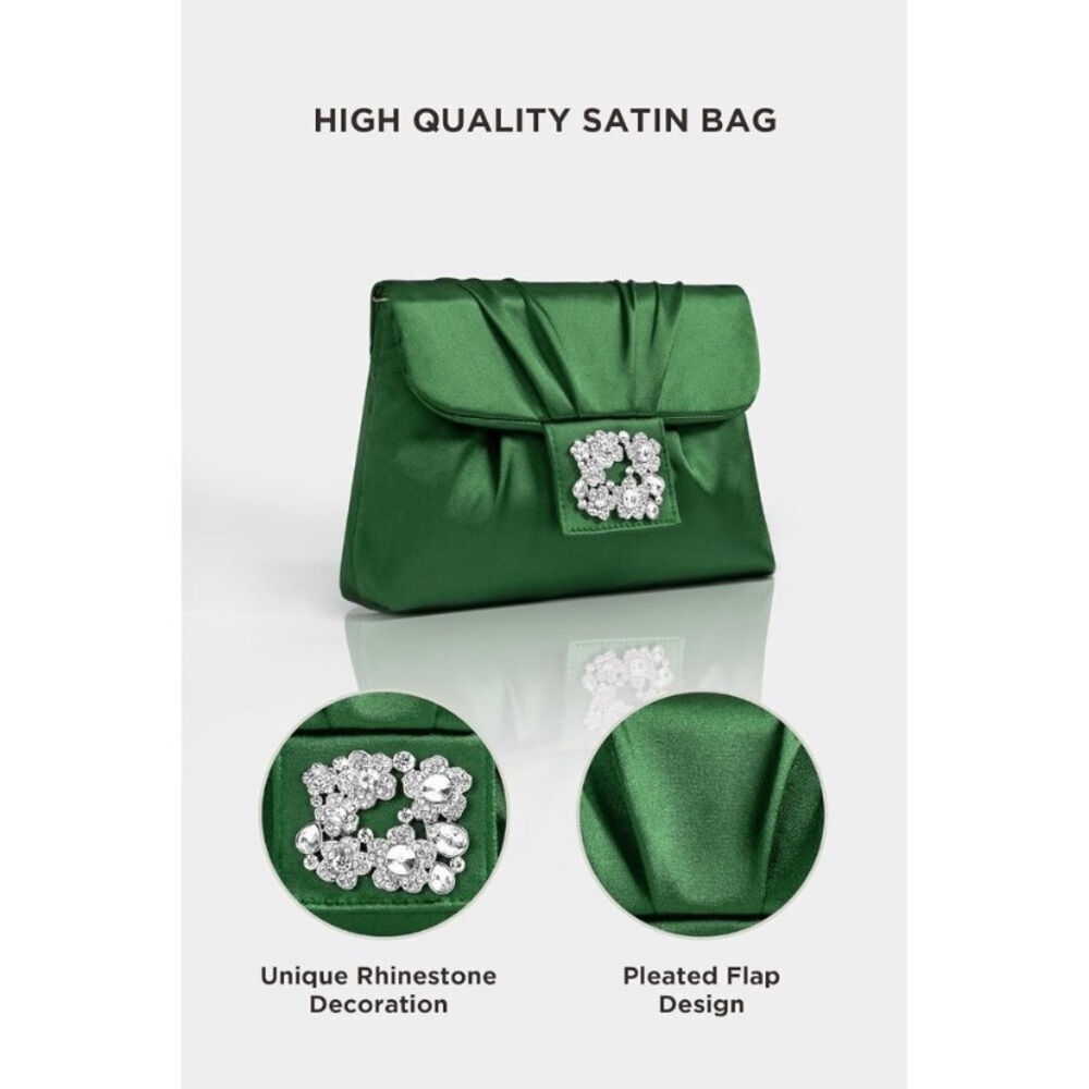 NWT-Elegant Green Satin Clutch with Chain Strap - Picture 12 of 12